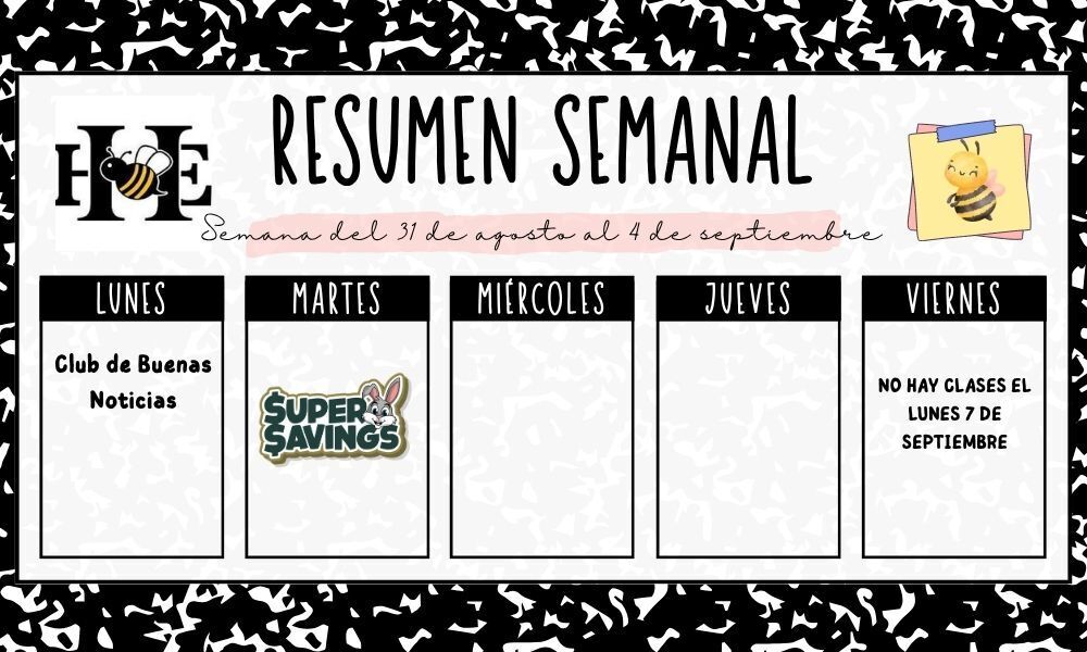 A black and white page features the text "Resumen Semanal" at the top, with days of the week and related activities listed below.