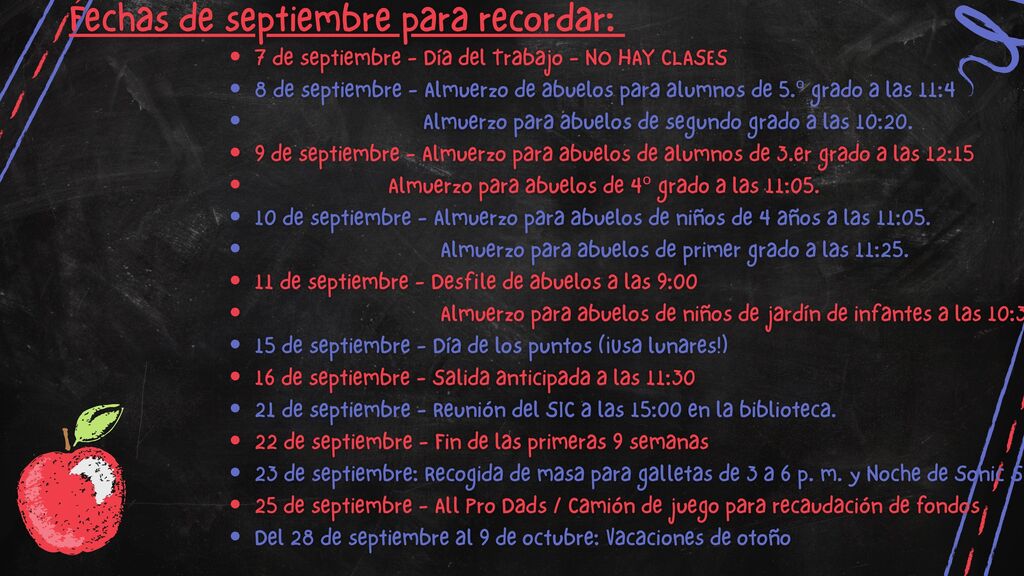 A blackboard displays a schedule with red text on a black background. Bold blue text and a red apple icon are on the left.