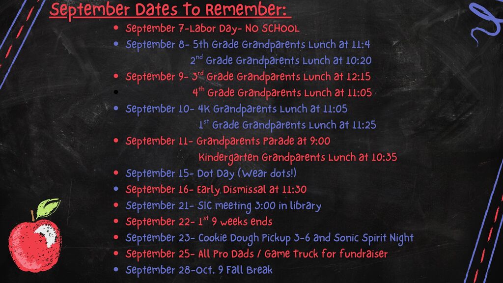 A blackboard lists events for September, including "Labor Day, No School," and "Kindergarten Parade." Red and blue text, with a red apple icon.