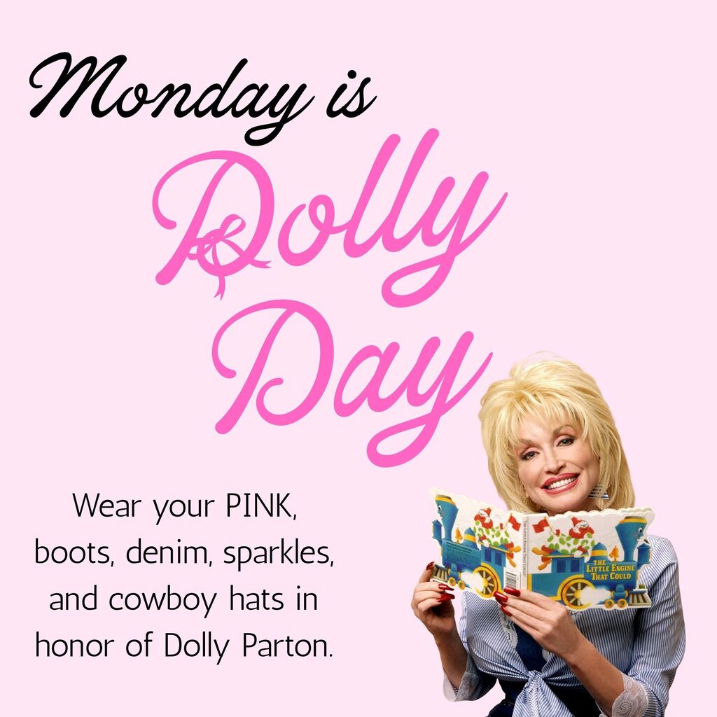 Poster with pink background and text. A woman holds a book and smiles. Text reads "Monday is Dolly Day".