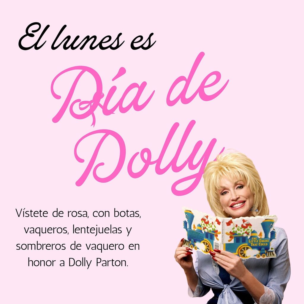 A woman with blonde hair holds a book with a smiling face. Text reads "El lunes es Día de Dolly."