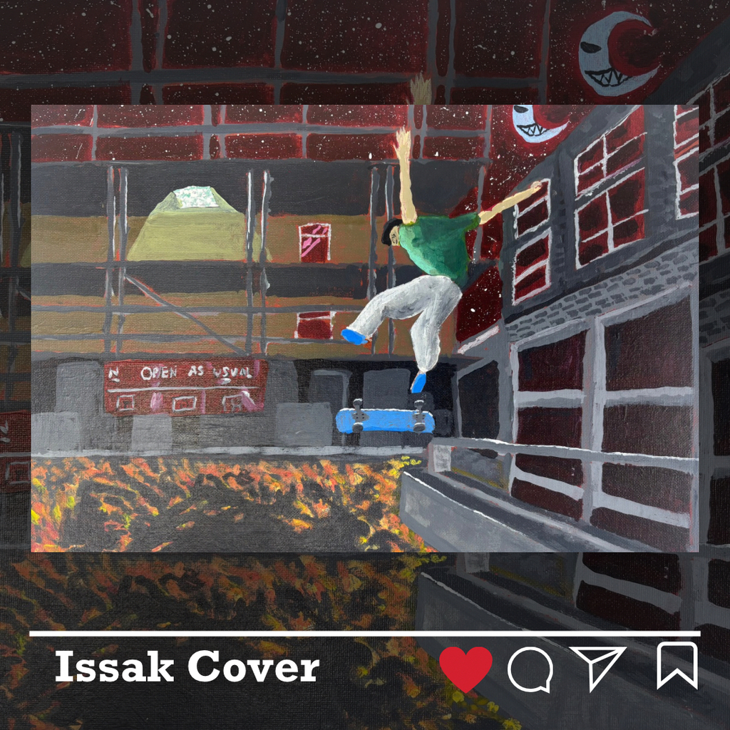 Issak Cover artwork -skateboarder jumping