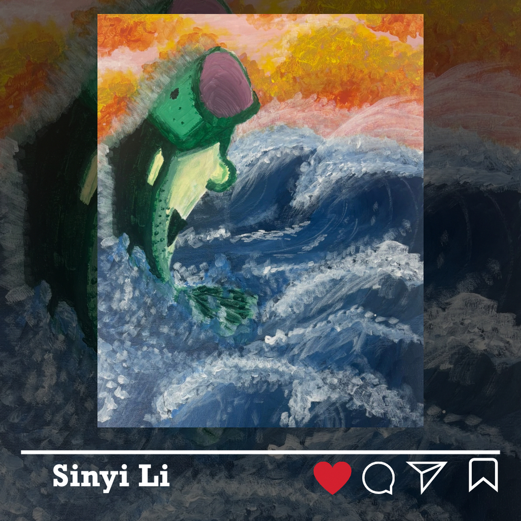 Sinyi Li artwork - a green fish jumping out of the water