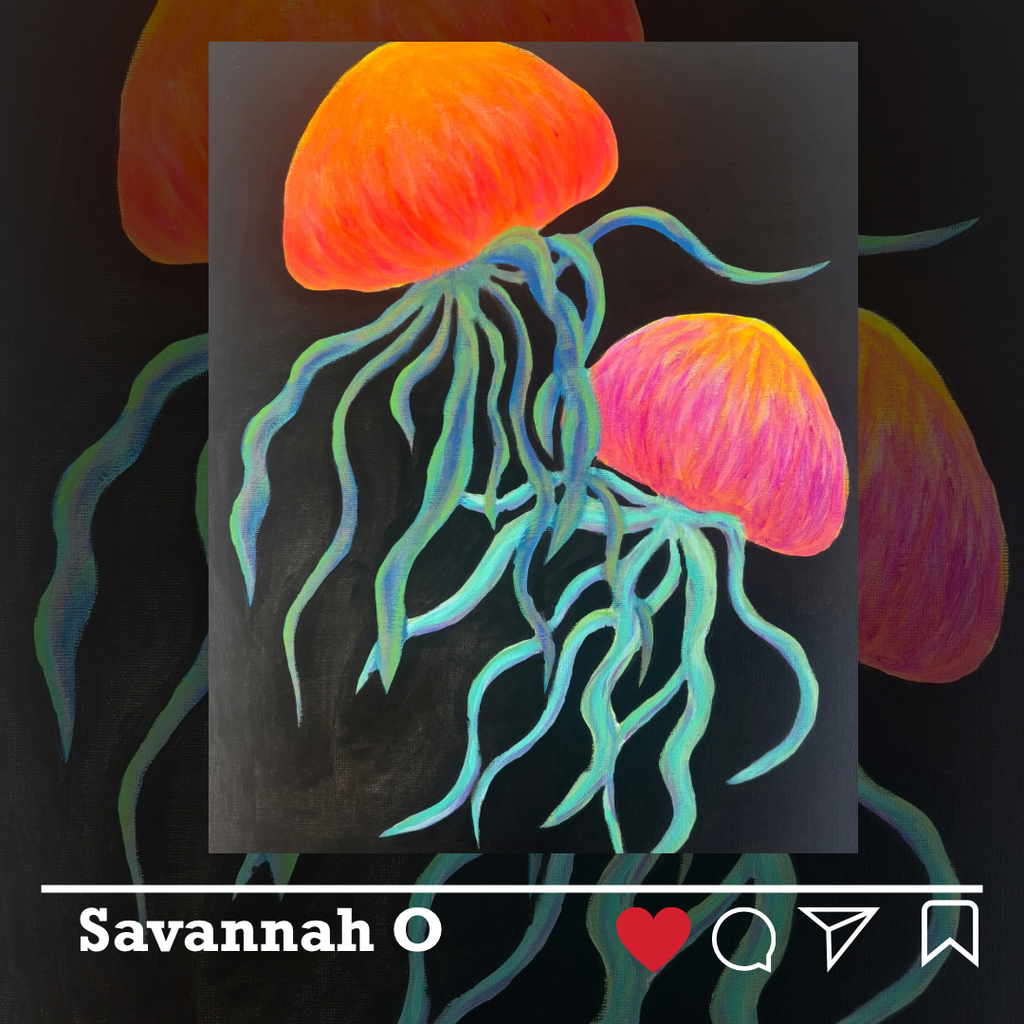 Savannah O artwork - orange and pink jellyfish with blue tentacles