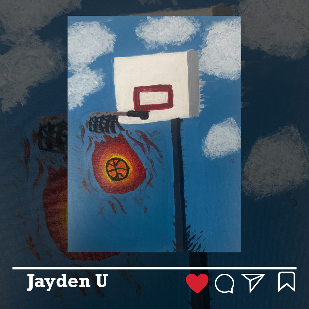 Jayden U artwork - a flaming basketball going through a basketball hoop