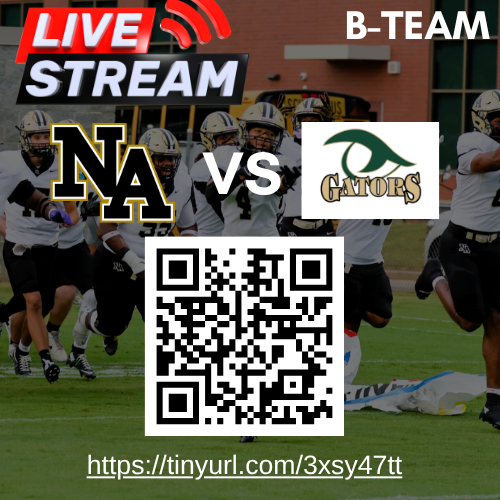 Football players in white uniforms and helmets running. Logos and text "LIVE STREAM", "B-TEAM", "NA VS", "GATOR$" above. QR code for a link.