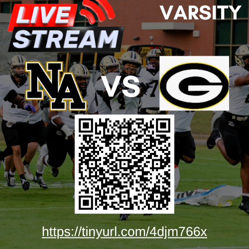 Football players in uniforms run across a field. Logos for NA and G teams appear, with NA in red and G in black and white.