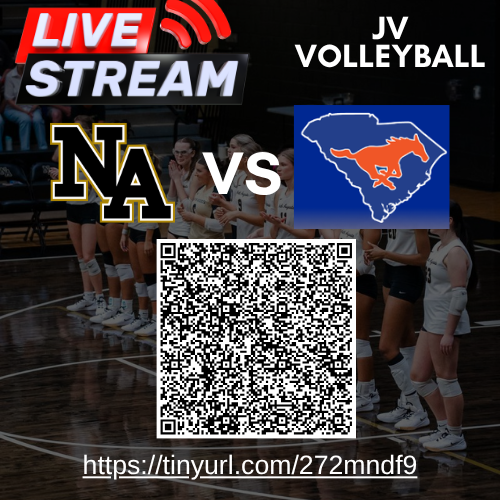 Sports event poster featuring volleyball teams. Logos for NA and SC on left. QR code in middle.
