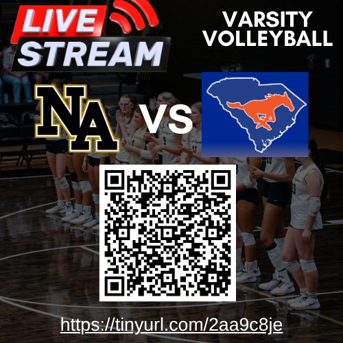 Volleyball match advertisement with NA vs SC logos, players on court, QR code, and website link.