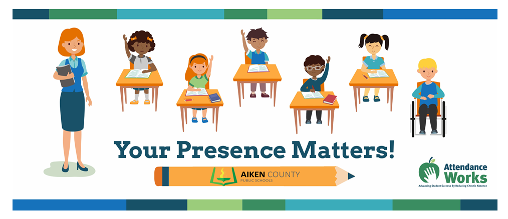 Classroom scene with a teacher and students. Text reads "Your Presence Matters!" A pencil and logos at the bottom.