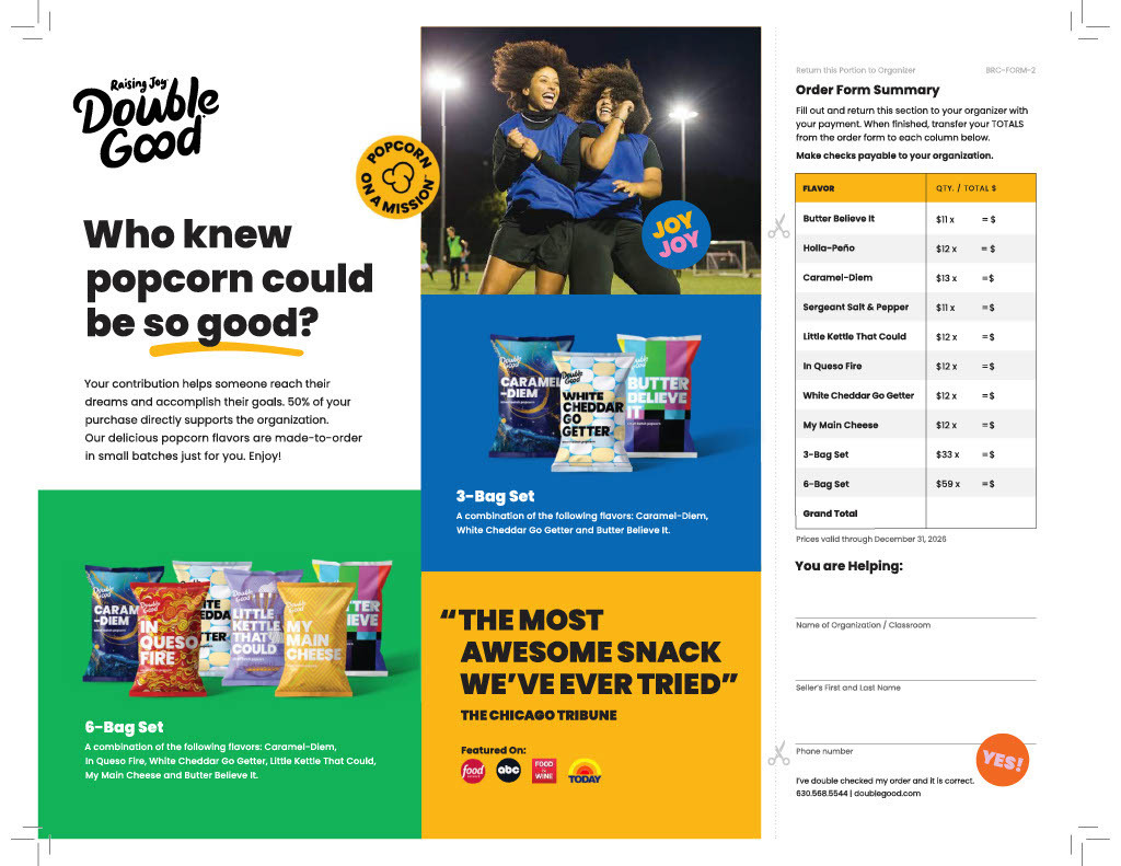A promotional brochure with two images of people playing. One image shows two people smiling and holding popcorn, while the other displays colorful popcorn bags.