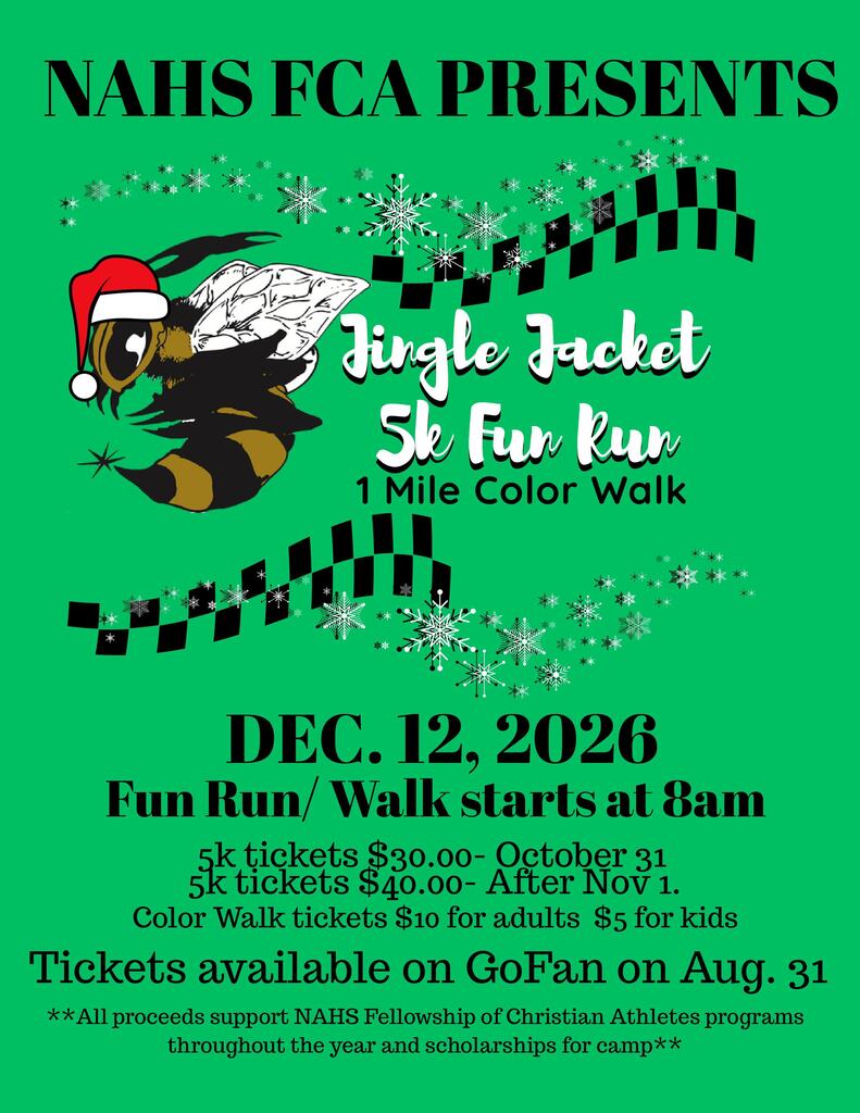 A green poster advertises Jingle Jacket 5k Fun Run with a bee wearing a Santa hat. Date is Dec 12, 2026.
