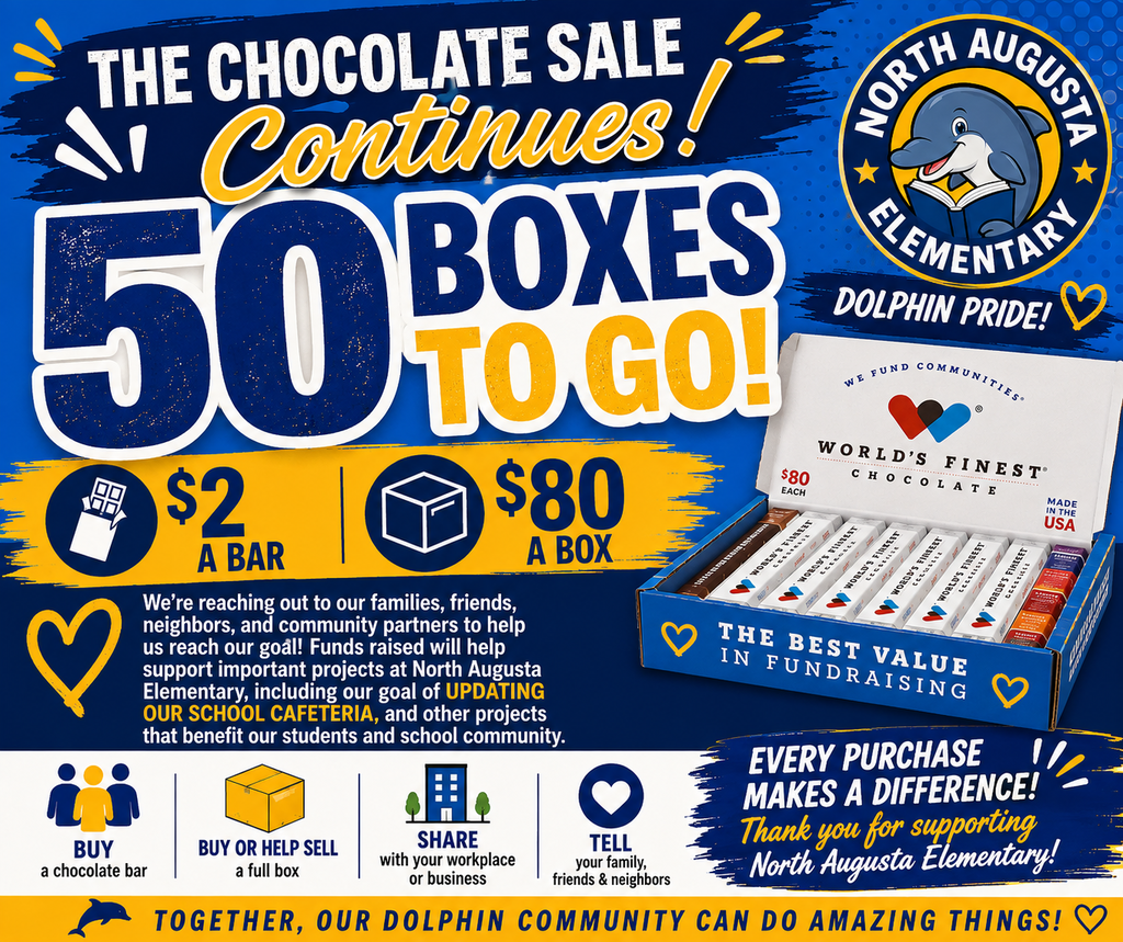 Banner with blue background. Text reads "The Chocolate Sale Continues! 50 Boxes To Go!" Information about the cost of chocolate bars and boxes.