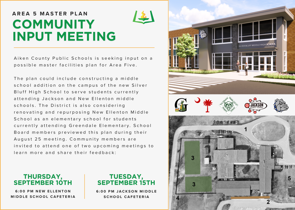 Invitation that shows a possible Silver Bluff Middle addition and restructuring of New Ellenton as an Elementary School.