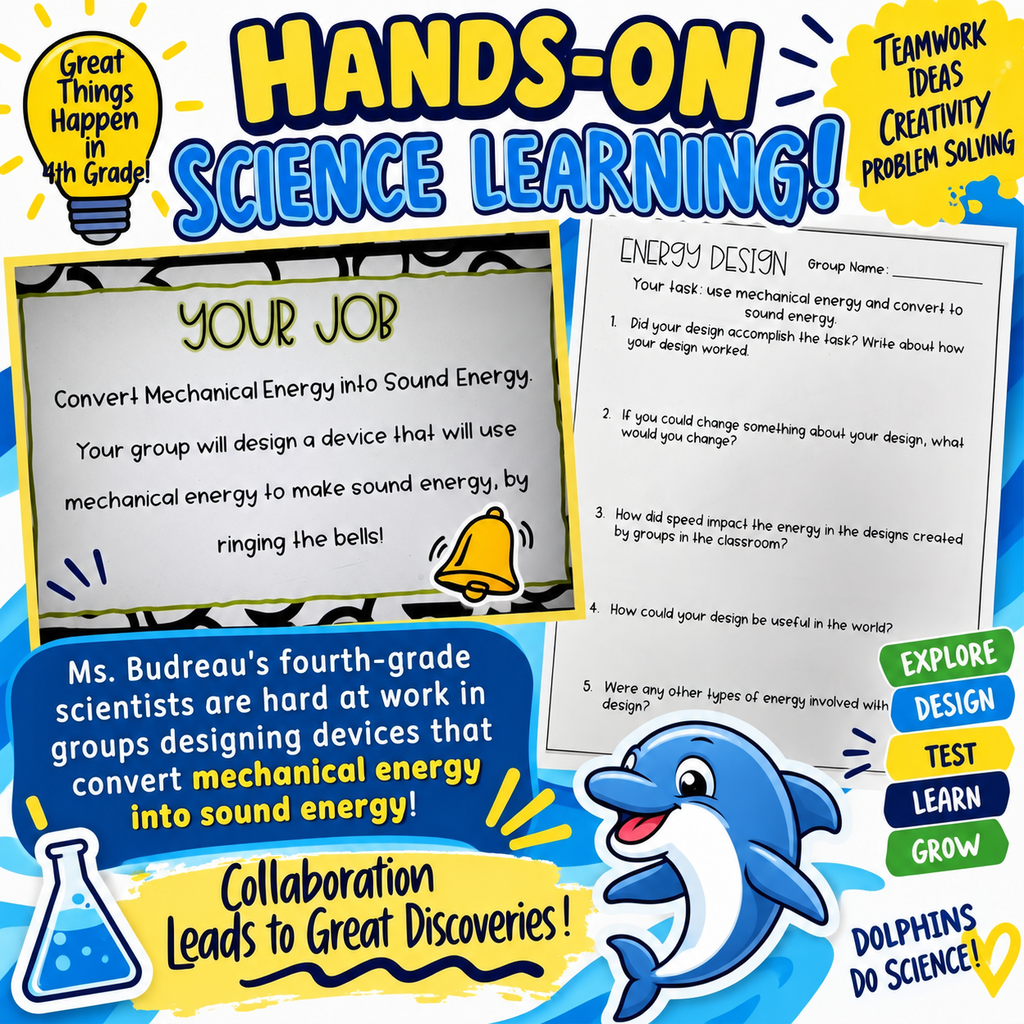 An educational poster with the words "Hands-on Science Learning" in large letters. A dolphin and other icons are displayed below.