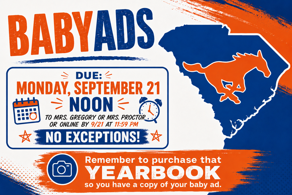 Blue and orange poster with "BABYADS" in large letters. It shows a calendar, clock, and horse, with a text reading "DUE: MONDAY, SEPTEMBER 21 NOON."