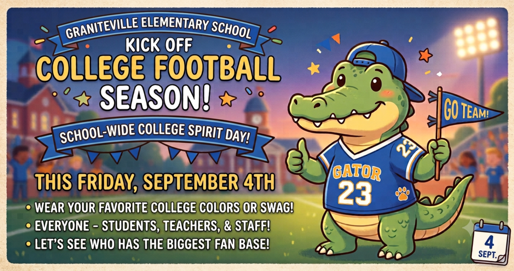 Event poster features a green alligator mascot in a blue baseball cap and jersey. Text reads "Kick Off College Football Season!"