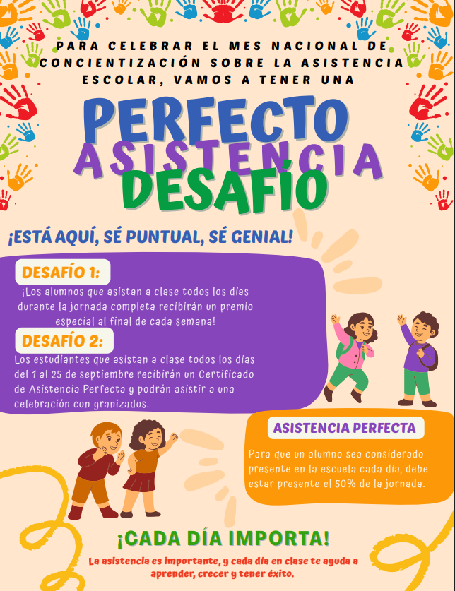 A colorful flyer with text in Spanish. It includes images of children, a girl in a pink jacket, and a boy in a green shirt.