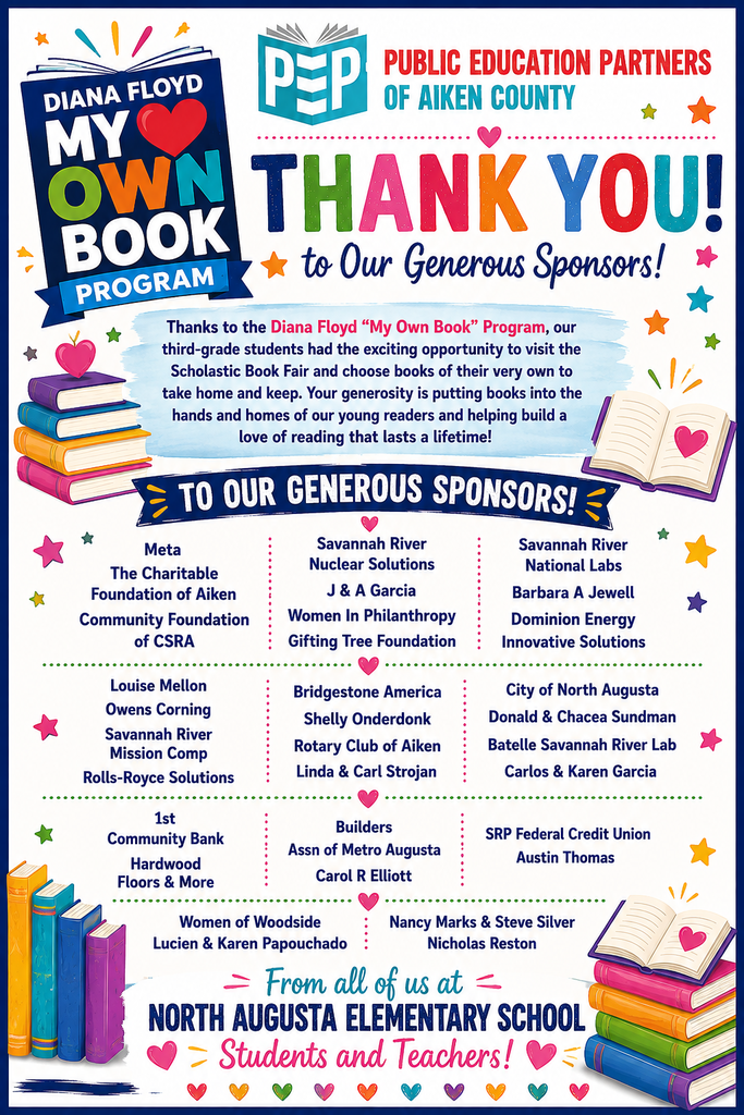 A colorful poster lists sponsors for the Diana Floyd "My Own Book" Program, with names, hearts, books, and a backdrop of stars.