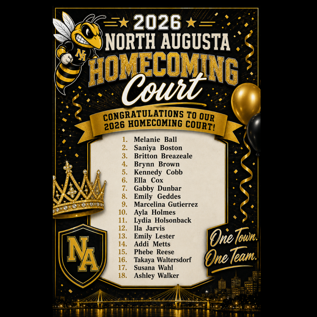 A poster with a black and gold background displays the names of the 2026 North Augusta High School Homecoming Court.