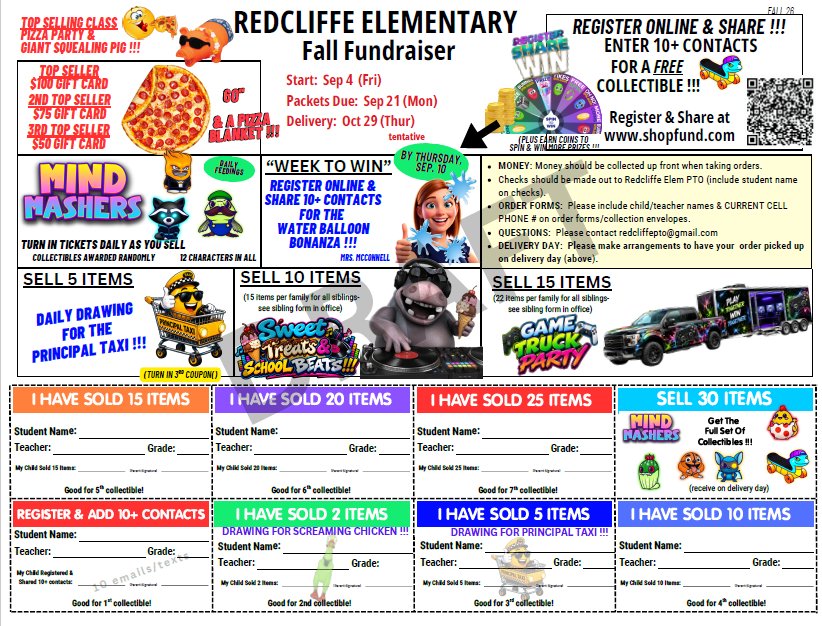 An advertisement for a Redcliffe Elementary Fall Fundraiser. Sections include 'Mind Mashers', 'Sell 10 Items', 'Sell 15 Items', and 'Sell 30 Items'.