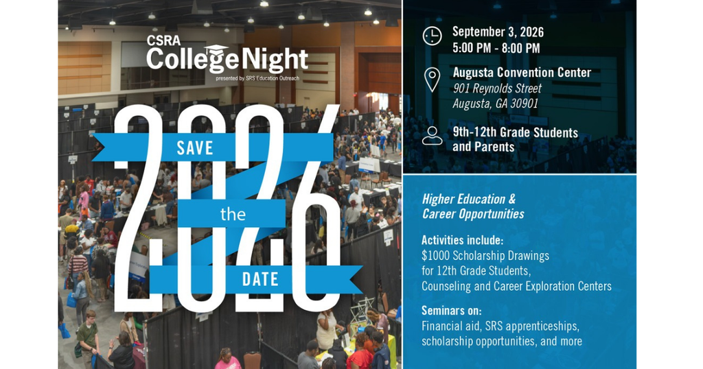 A flyer with the title "College Night 2026". Large text says "Save the Date 2026". Below that are various details and information.