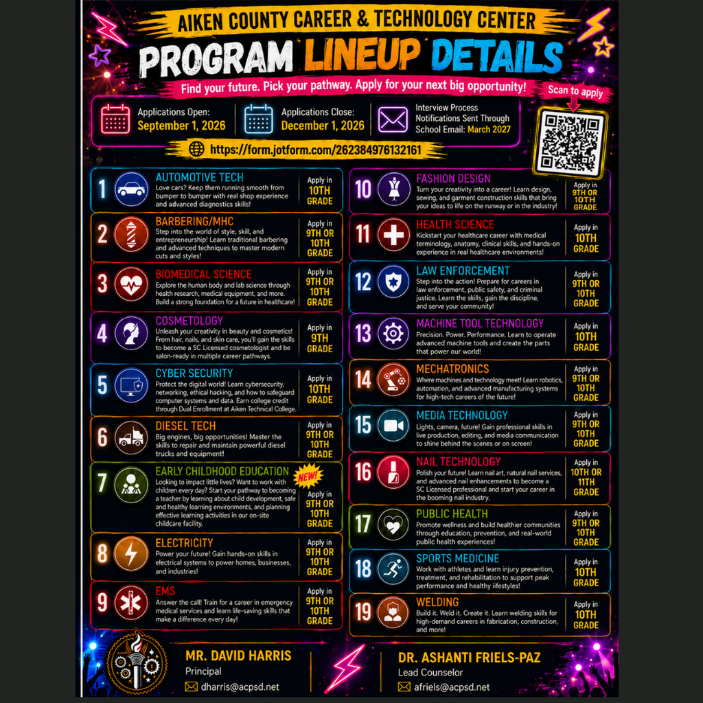 A poster with a black background displaying program lineup details. There are 19 programs listed in two columns with bullet points.