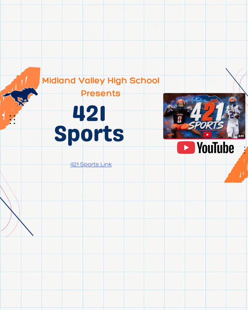 A blue and white checkered pattern background. Text reads "Midland Valley High School presents 421 Sports". The YouTube logo and an image of a football player.