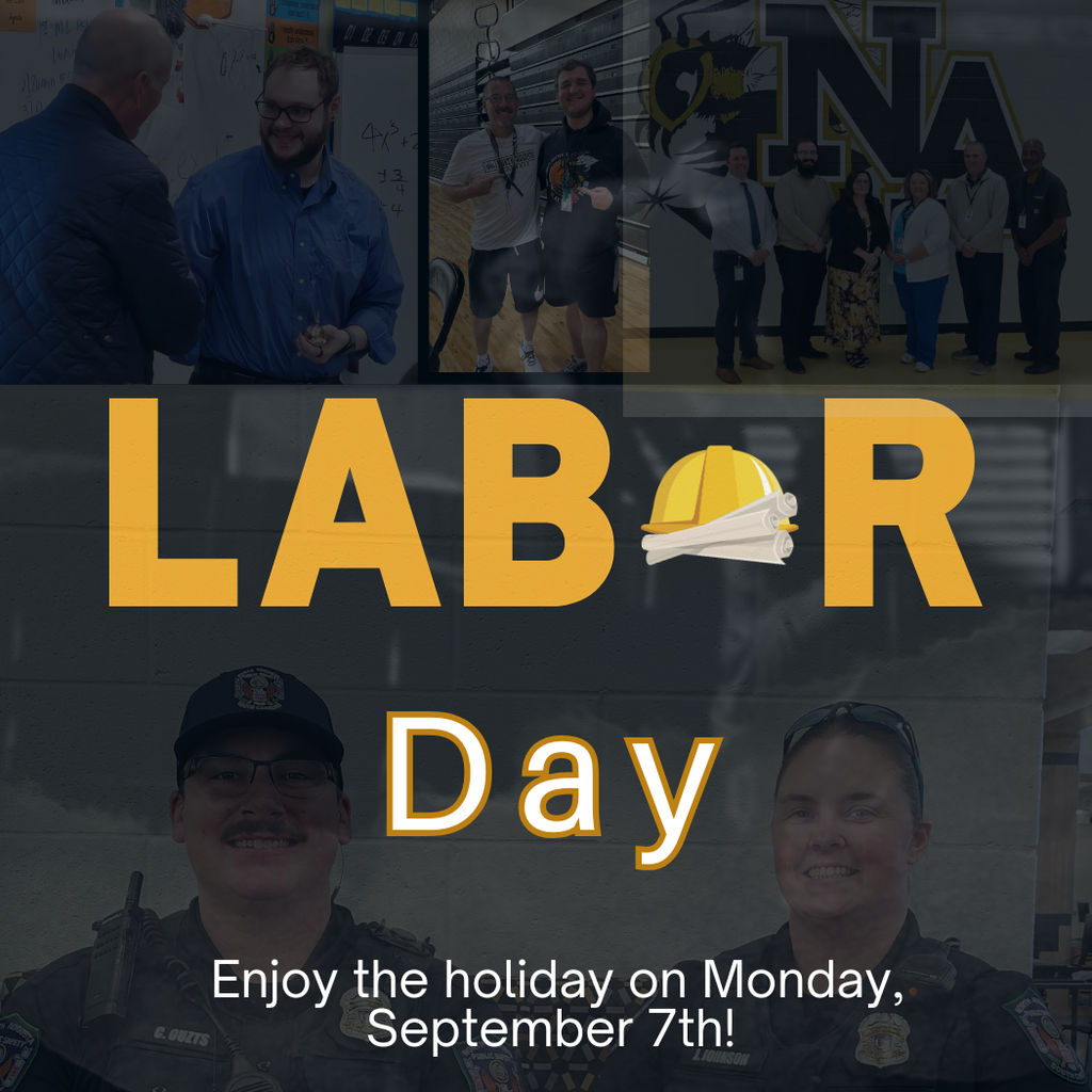 Multiple photos of people in uniform and casual clothes. Text reads "Labor Day" and "Enjoy the holiday on Monday, September 7th!"