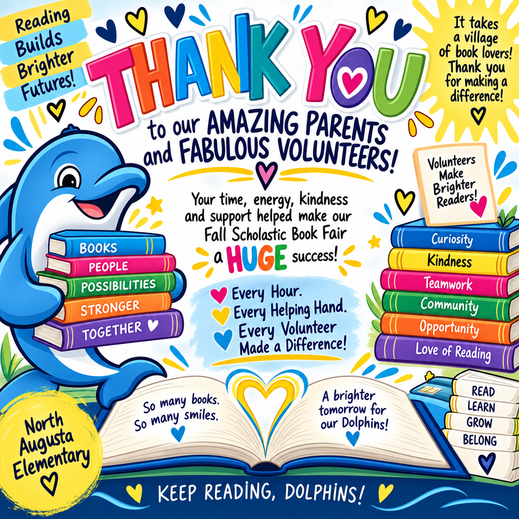 Bright colors, hearts, and a dolphin holding books. Text reads "Thank You to our Amazing Parents and Fabulous Volunteers."
