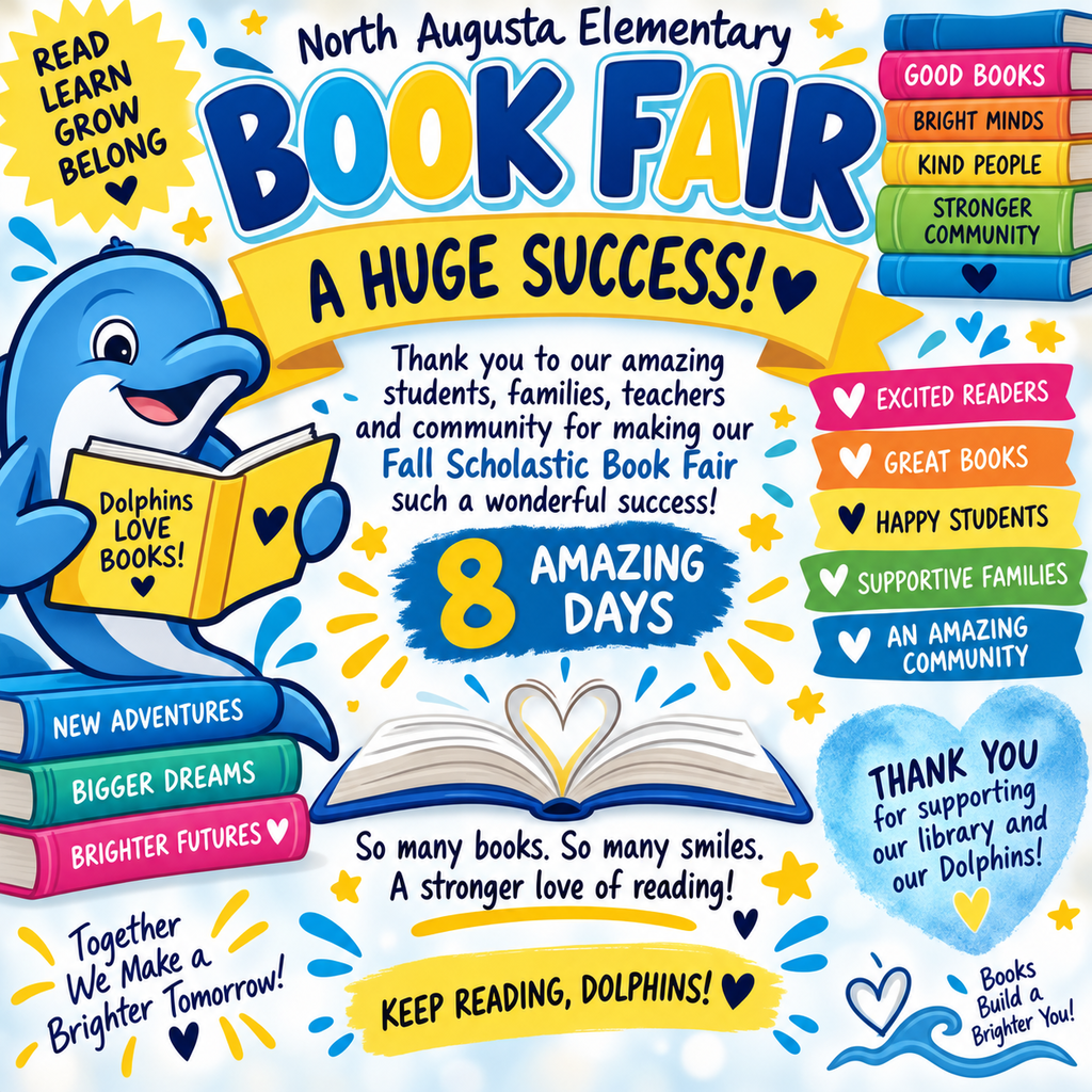 Book fair flyer with a dolphin reading a book, a heart, and text: "Book Fair: A Huge Success!"