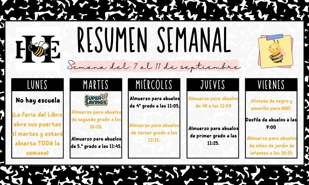 A weekly schedule with days and activities, a black and white background, and the title "Resumen Semanal" at the top.