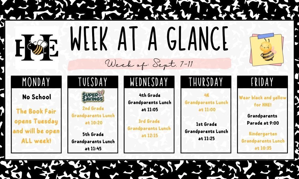 A weekly schedule from Monday to Friday for the week of September 7th. It shows activities and times for each day.