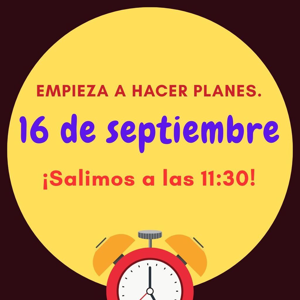 A yellow circle with Spanish text. A red alarm clock is below the text. The time reads 11:30.