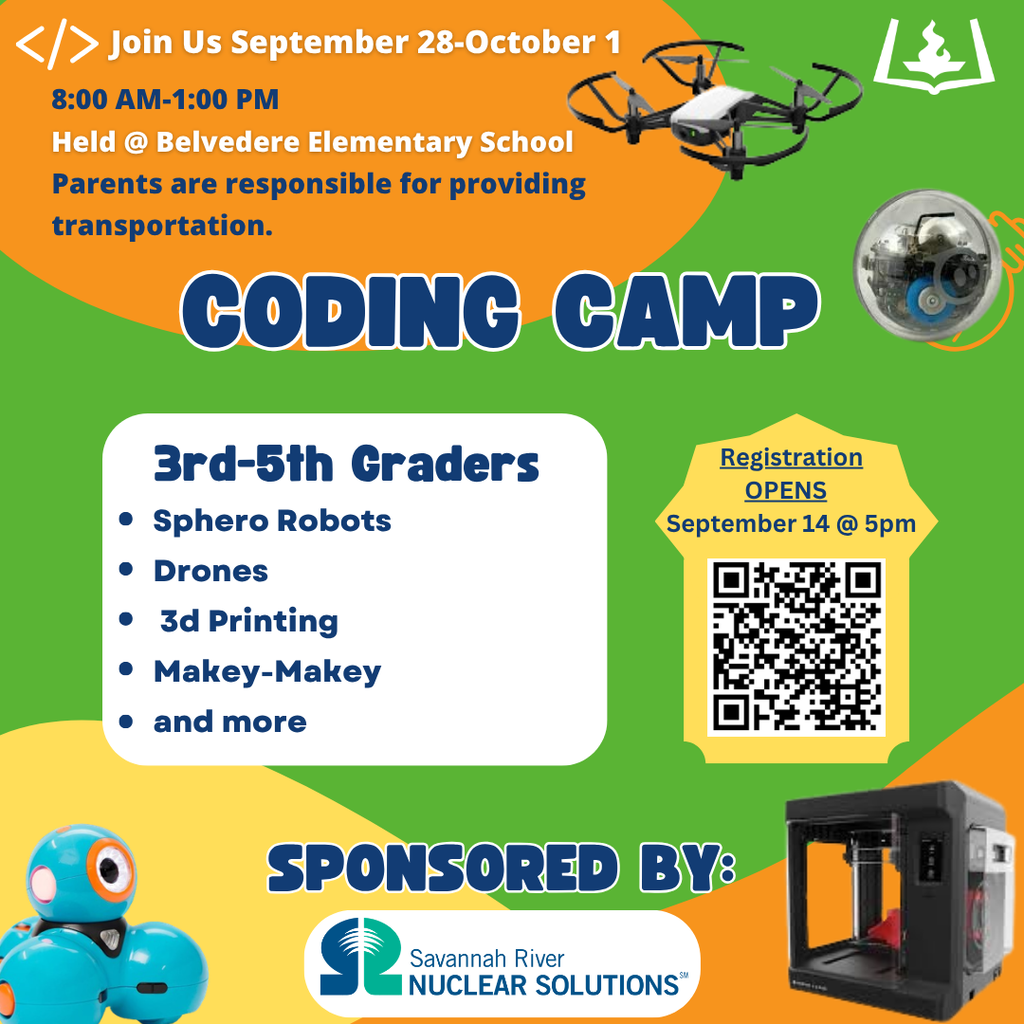 Coding camp poster with schedule, activities, QR code, and sponsor. Activities include Sphero Robots, Drones, 3D Printing, and Makey-Makey.