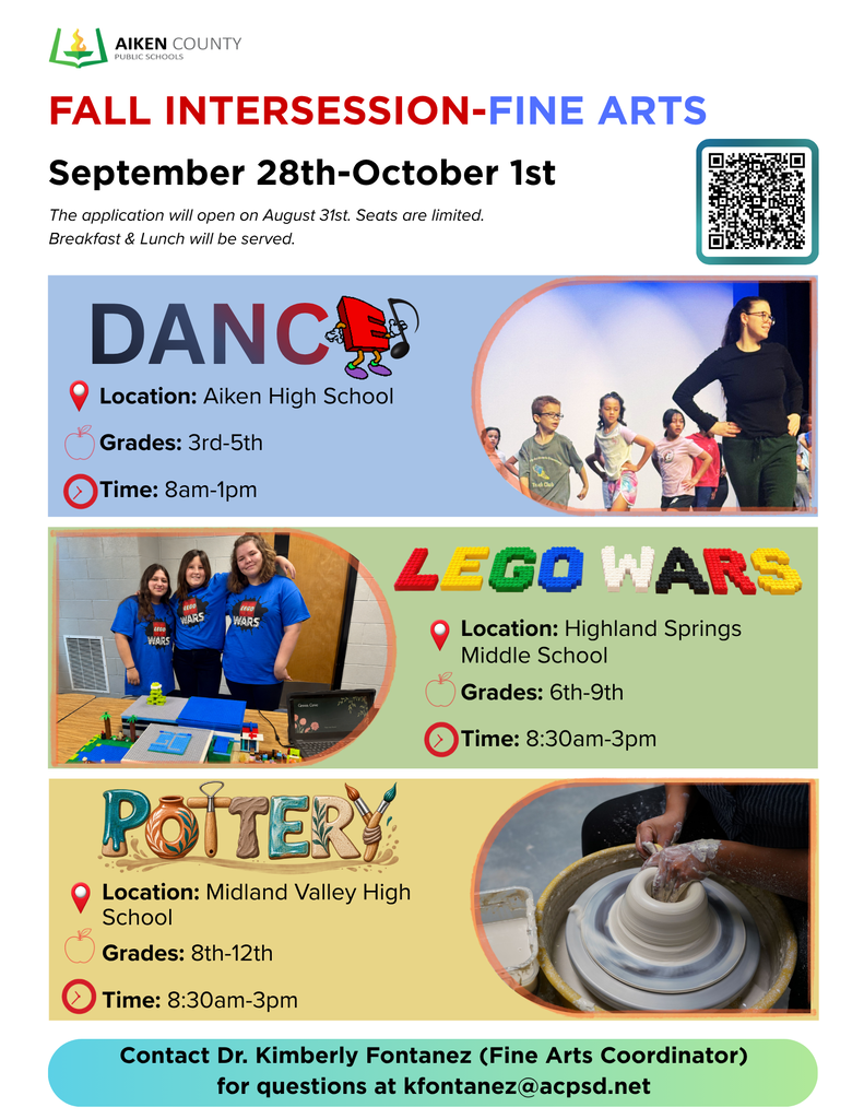 An event poster highlights fall intersession fine arts. Sections for dance, Lego Wars, and pottery. Details include location, grade levels, and times.