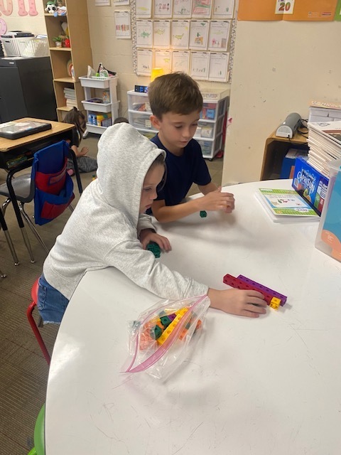 Two students are using blocks to practice math skills.