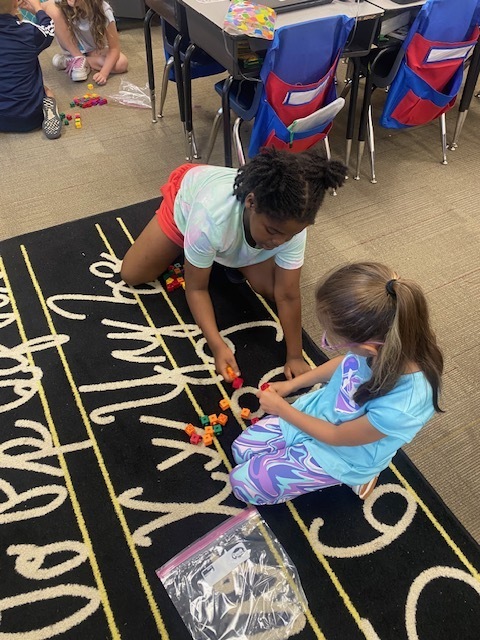 Two girls are using blocks to practice math skills.