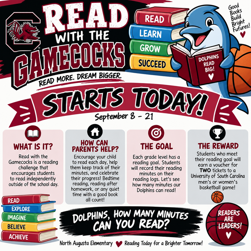 An advertisement encourages reading with a dolphin, books, and basketball theme. It features goals, rewards, and a reading challenge from September 8-21.