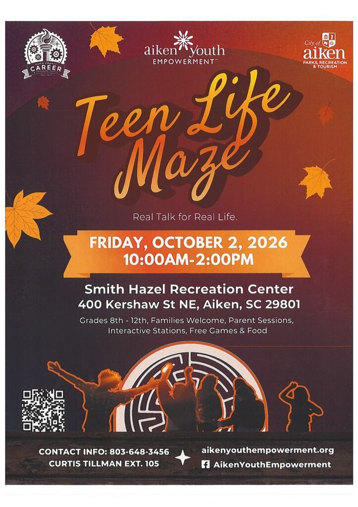 Fall Flyer in orange and brown ombre with leaves advertising Teen Life Maze on October 2nd with a maze and student outlines. 