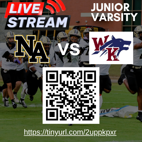 A football team runs on a field with a school logo, QR code, and streaming info.