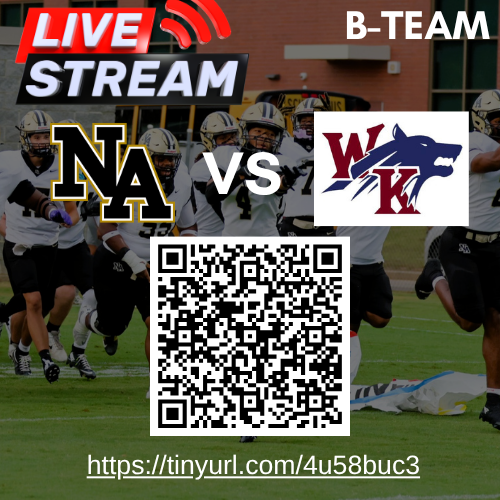 A football team runs on a field with a QR code, logos, and a URL at the bottom.