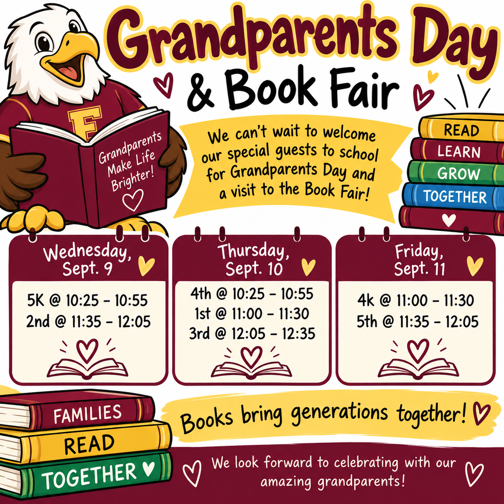 A flyer with an eagle mascot has a reminder of grandparents day and the book fair.