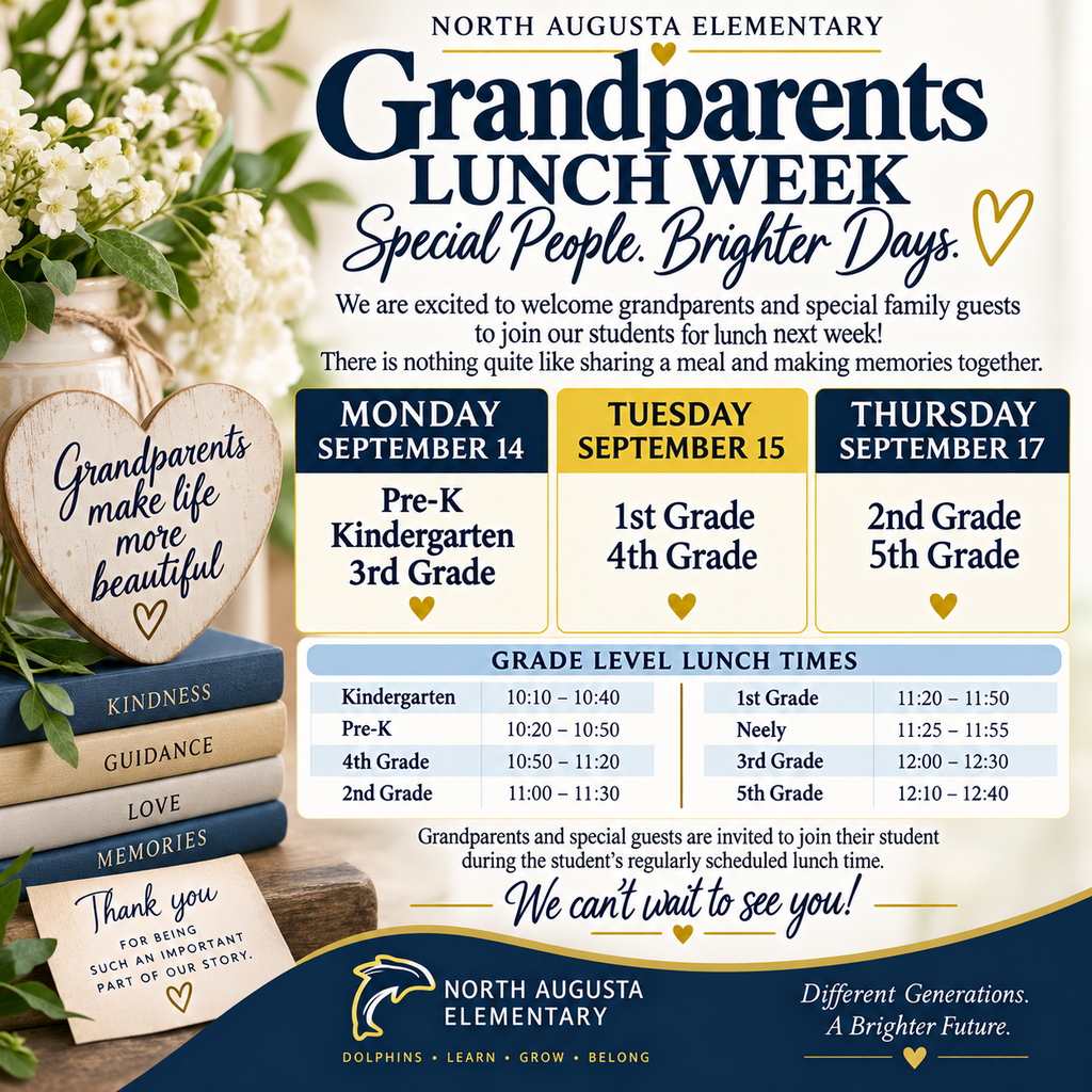 Poster for Grandparents Lunch Week with dates and grade levels for each day. The poster includes books, flowers, and a heart.