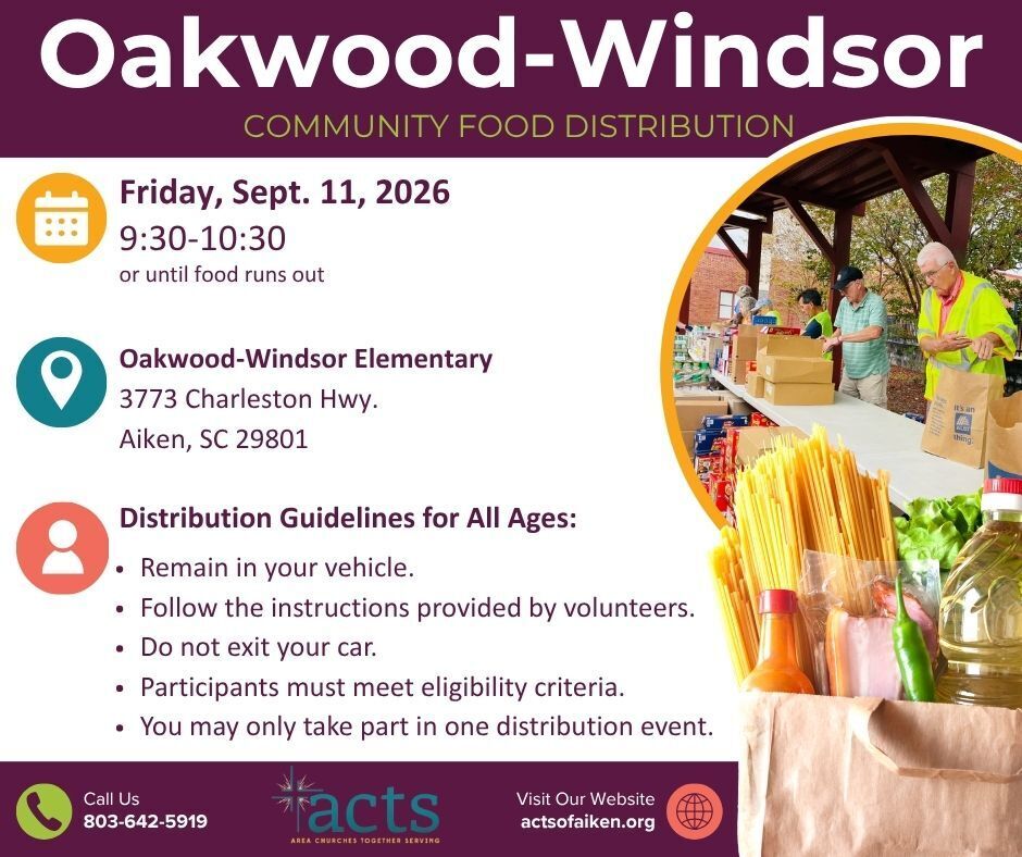 Flyer with Oakwood-Windsor Community Food Distribution details, featuring distribution guidelines and date/time.