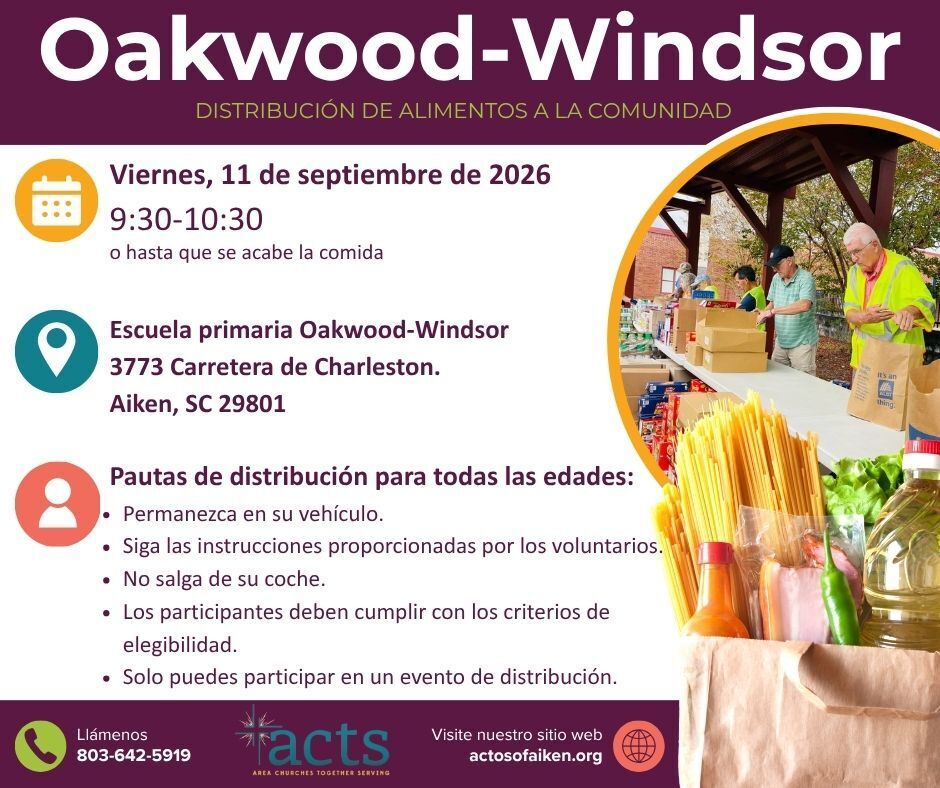 An event flyer for Oakwood-Windsor food distribution, with details in Spanish. It includes date, time, location, and distribution instructions.