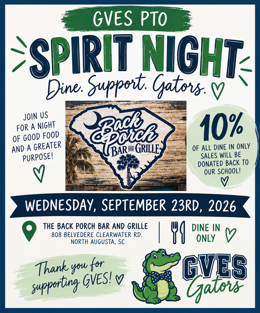 A flyer for Spirit Night at Spirit Night on September 23rd, 2026, features an alligator mascot, restaurant logo, and a donation message.