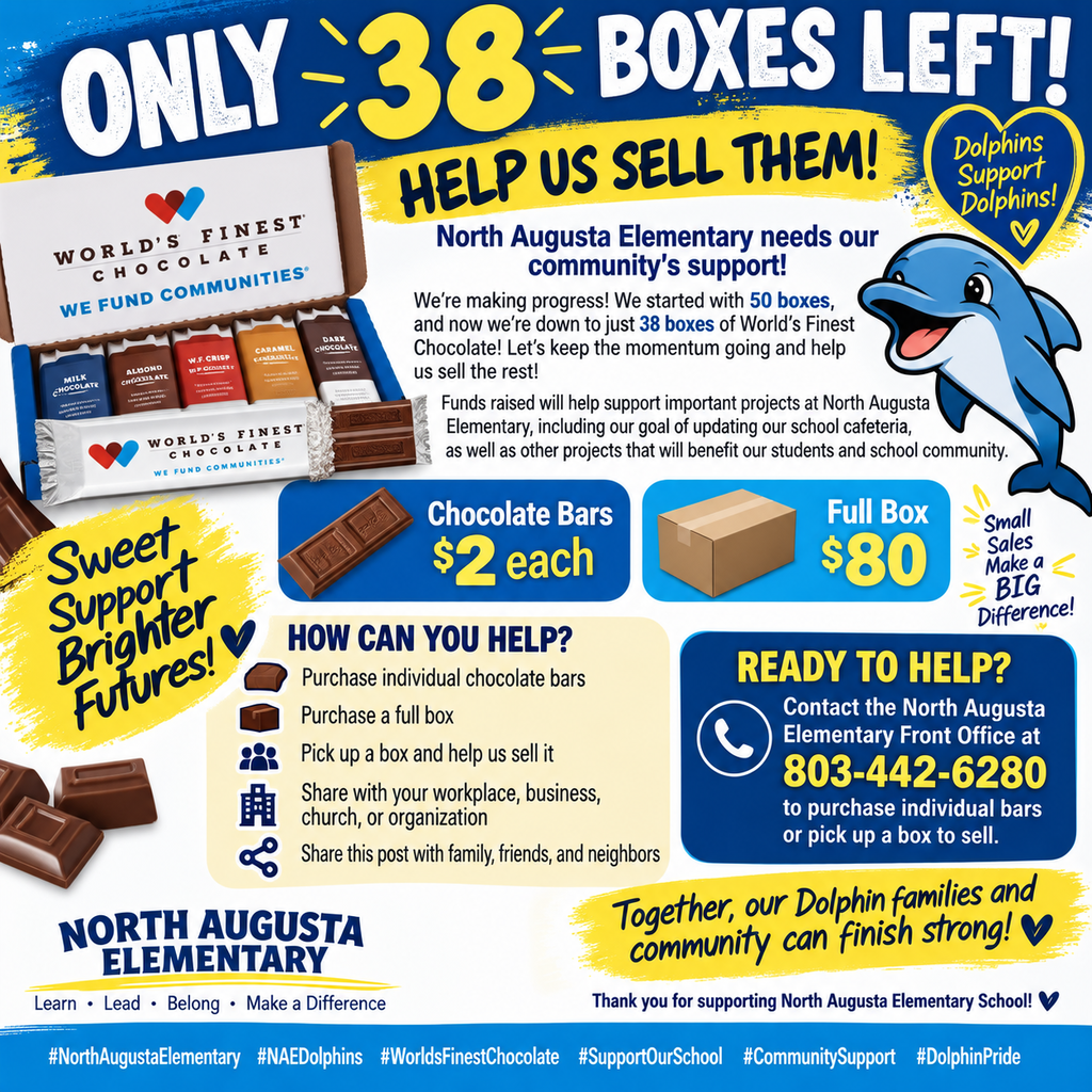 A flyer shows 38 boxes of chocolates for sale, a box of chocolates, and a dolphin. It asks for help to sell them.