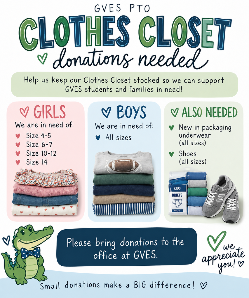 A colorful flyer displays clothing needs for a Clothes Closet, with sections for girls, boys, and new underwear.