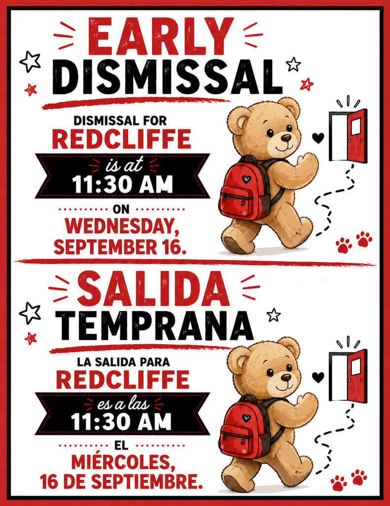 Bilingual invitation poster with a cartoon bear carrying a backpack, two departure times, and a red door.